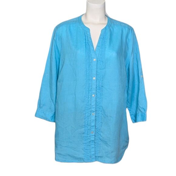 CHARTER CLUB 100% Linen Blouse Top Women's Size XXL Blue Long Sleeves Boho Beach - Picture 1 of 10